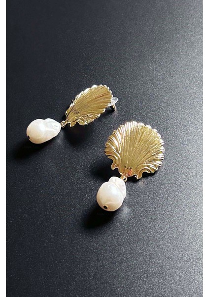 İnci Detaylı, İstiridye Küpe 637, Altın Renk