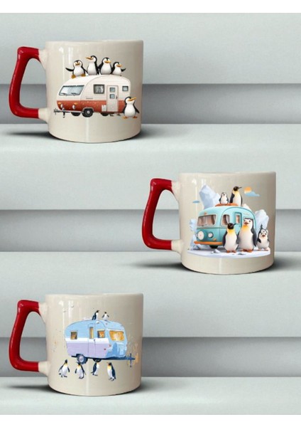 Penguen ve Karavan Baskılı 3'lü Seramik Kırmızı Kulplu Kupa Bardak - Ev Mutfak Ofis Işyeri Eşyası