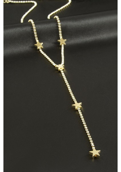 Yıldız Şerit Taşlı Çelik Y Kolye