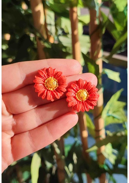 Daisy El Yapımı Turuncu Minimal ve Işıltılı Papatya Küpe - Zarif ve Sade modelleri