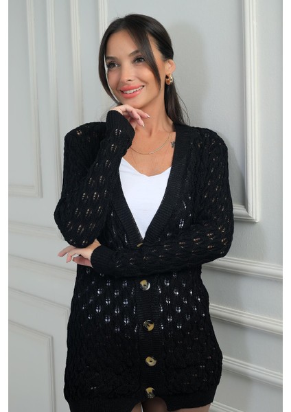 Kadın V Yaka Önü Düğmeli Rahat Kalıp Merserize Hırka fiyatları