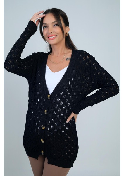 Kadın V Yaka Önü Düğmeli Rahat Kalıp Merserize Hırka modelleri