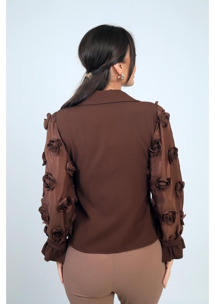 Kadın Önü Düğmeli Kolları Organze 3 Boyut Çiçekli Tasarim Bluz fırsatları