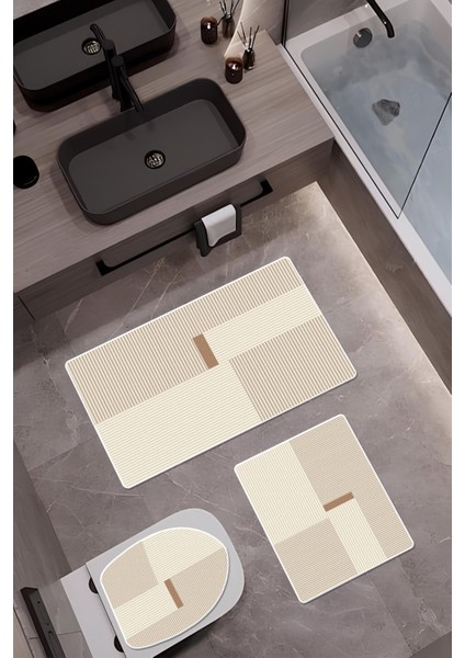 Bambu Kumaş Deri Tabanlı Yıkanabilir 3'lü Klozet Takımı Modern Desenli Kaymaz Banyo Paspas Seti BKLZ0001