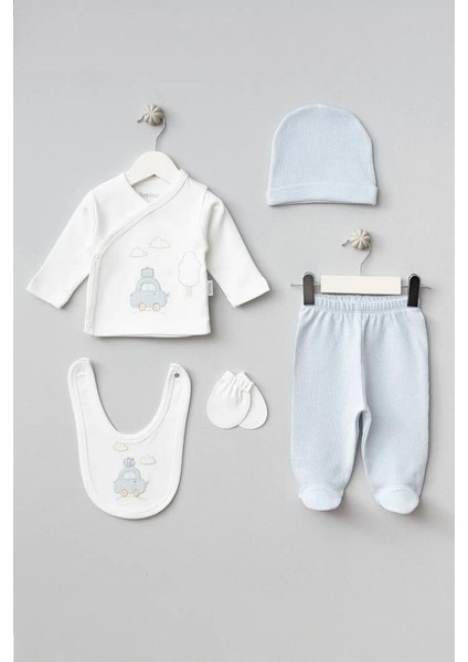 %100 Pamuk Bulutlu Araba Desenli 5 Parça Yenidoğan Hastane Çıkışı Zıbın Seti BBTF.MV.20109