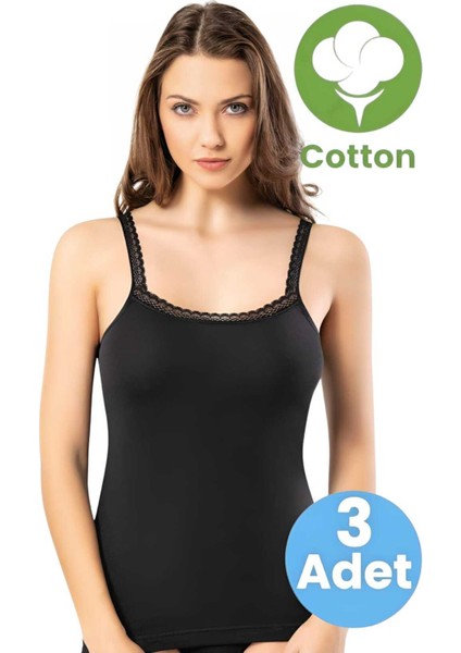 Kadın 3'lü Yakası Askısı Dantel Detaylı Pamuklu Atlet