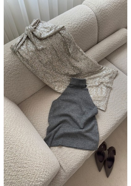 Belden Bağlamalı Pul Payetli Premium Etek- Bej fırsatları