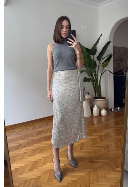 Belden Bağlamalı Pul Payetli Premium Etek- Bej indirimleri