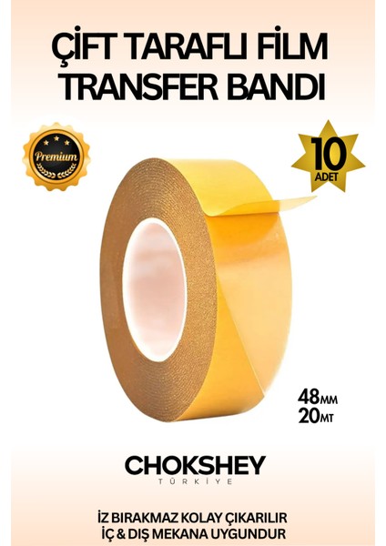 Premium Süper Tutuş Güçlü Şeffaf Pp Özellikli Çift Taraflı Film Transfer Bant 48MMX20MT - 10 Adet