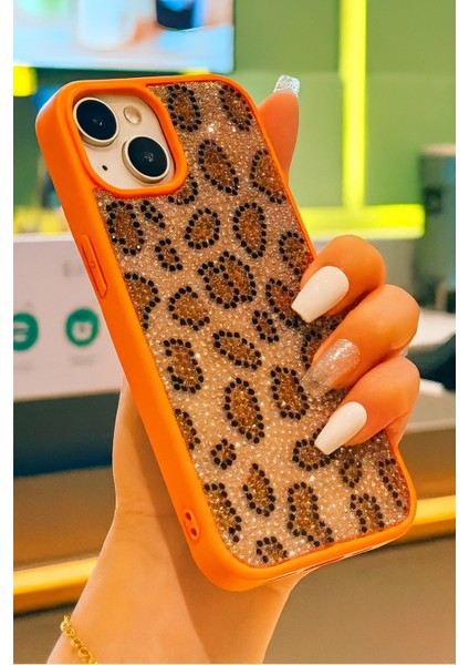 iPhone 13 - 14 - 15 Uyumlu Kılıf Içi Kadife Leopar Tasarımlı Turuncu Taşlı Işıltılı Pırlanta Silikon