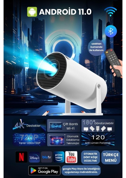 HY300A Taşınabilir Android 11 2.69 Inç 720P Akıllı Projektör 2025