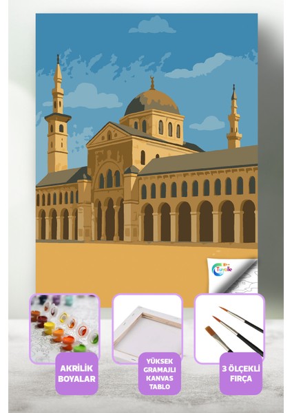 Şam’ın Kalbi Emeviye Camii Sayılarla Boyama Seti, Hobi Seti, 40X50 Tablo, Fırça Boya, Numaralı Tuval