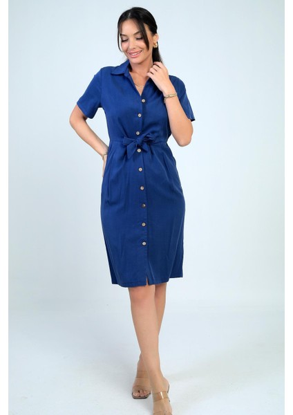 Kadın Ön Bağlamalı Cepli Önü Düğmeli Astarlı Kısa Lyocell Elbise modelleri