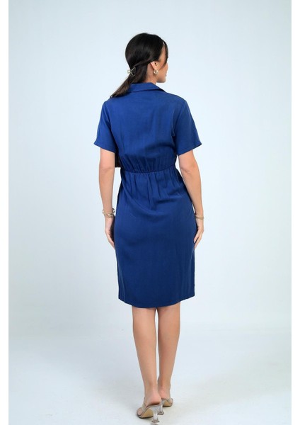 Kadın Ön Bağlamalı Cepli Önü Düğmeli Astarlı Kısa Lyocell Elbise fırsatları