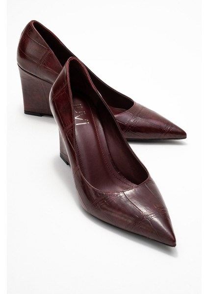 Puera Bordo Baskı Sivri Burunlu Kadın Dolgu Topuklu Ayakkabı