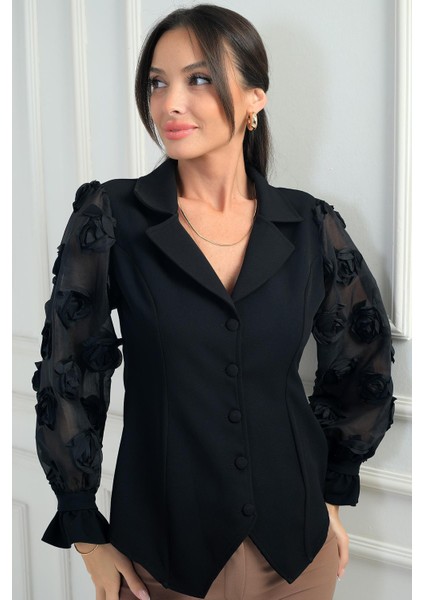 Kadın Önü Düğmeli Kolları Organze 3 Boyut Çiçekli Tasarim Bluz fiyatları