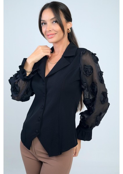 Kadın Önü Düğmeli Kolları Organze 3 Boyut Çiçekli Tasarim Bluz modelleri
