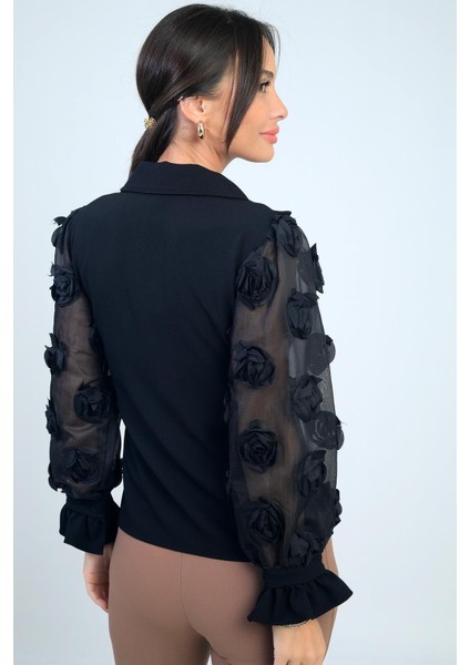 Kadın Önü Düğmeli Kolları Organze 3 Boyut Çiçekli Tasarim Bluz fırsatları