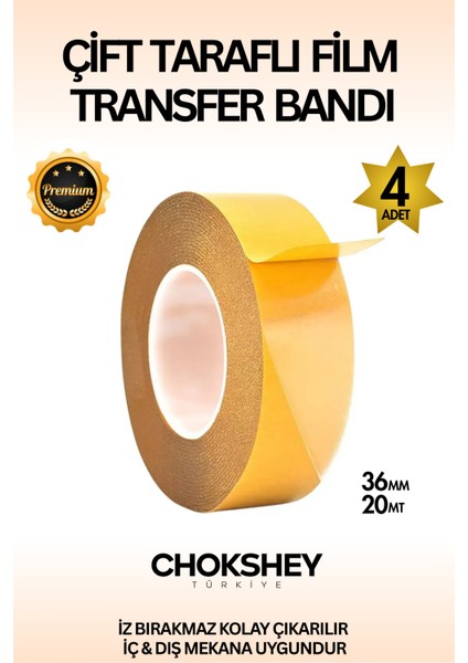 Premium Süper Tutuş Güçlü Şeffaf Pp Özellikli Çift Taraflı Film Transfer Bant 36MMX20MT - 4 Adet