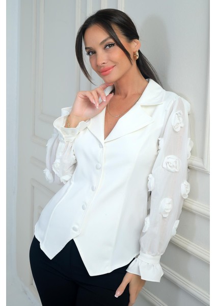 Kadın Önü Düğmeli Kolları Organze 3 Boyut Çiçekli Tasarim Bluz