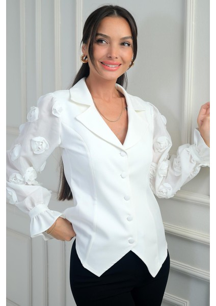 Kadın Önü Düğmeli Kolları Organze 3 Boyut Çiçekli Tasarim Bluz fiyatları