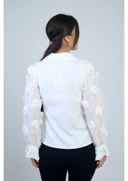 Kadın Önü Düğmeli Kolları Organze 3 Boyut Çiçekli Tasarim Bluz fırsatları