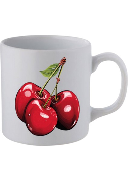Kiraz Baskılı Beyaz Kupa Bardak - Seramik Çay, Kahve Hediyelik Bardağı