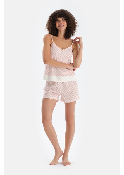 Turuncu V Yaka Metraj Baskılı Atlet Şort Pijama Takımı