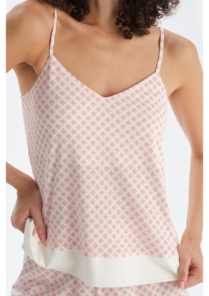 Turuncu V Yaka Metraj Baskılı Atlet Şort Pijama Takımı