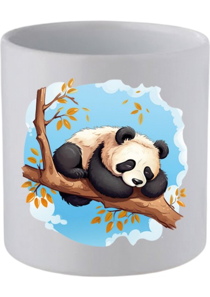 Dalda Uyuyan Panda Baskılı Kulpsuz Kupa Bardak - Hediye Kahve Kupası, Su Bardağı