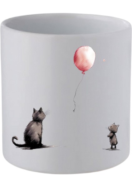 Kedi ve Balon Baskılı Kulpsuz Kupa Bardak - Hediye Kahve Kupası, Su Bardağı
