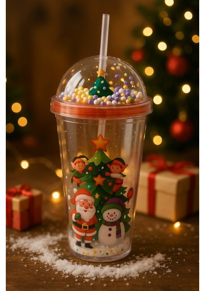 Renkli Pipetli Kupa Bardak Noel Çam Ağacı Altında Noel Baba ve Kardan Adam desenli Suluk 450ML 2768B