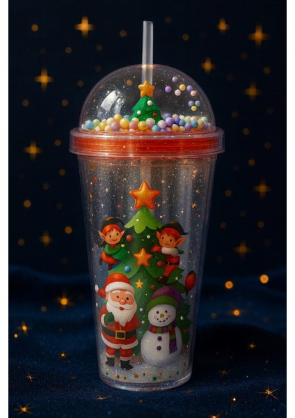 Renkli Pipetli Kupa Bardak Noel Çam Ağacı Altında Noel Baba ve Kardan Adam desenli Suluk 450ML 2768B fiyatları