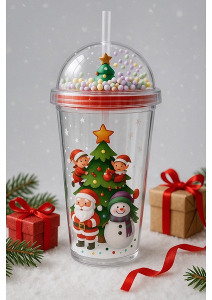 Renkli Pipetli Kupa Bardak Noel Çam Ağacı Altında Noel Baba ve Kardan Adam desenli Suluk 450ML 2768B modelleri