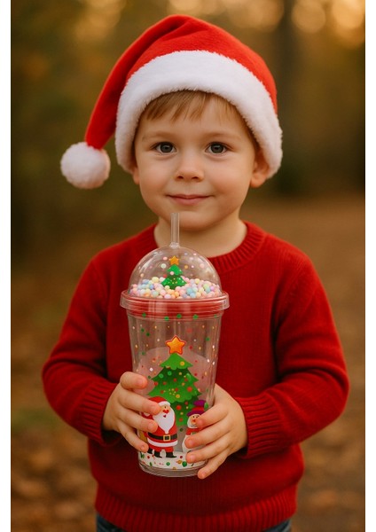 Renkli Pipetli Kupa Bardak Noel Çam Ağacı Altında Noel Baba ve Kardan Adam desenli Suluk 450ML 2768B fırsatları