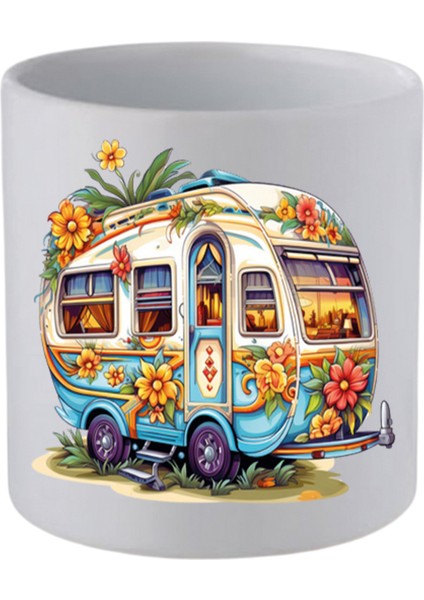 Çiçekli Karavan Baskılı Kulpsuz Kupa Bardak - Hediye Kahve Kupası, Su Bardağı