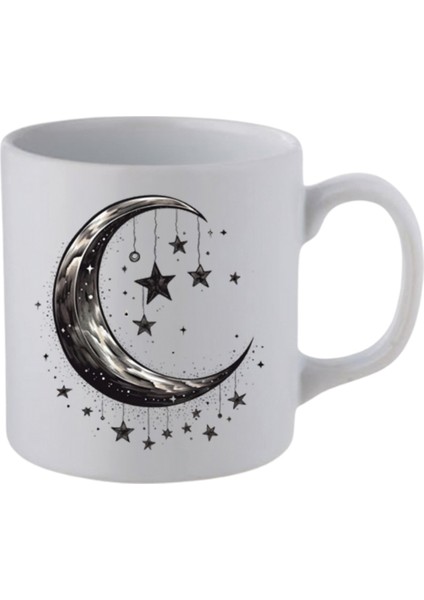 Ay ve Içinde Yıldızlar Baskılı Beyaz Kupa Bardak - Seramik Çay, Kahve Hediyelik Bardağı