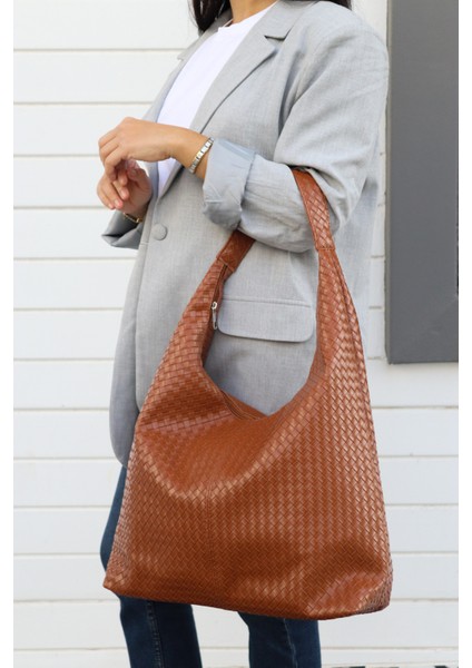 Hlin Kadın Büyük Boy Örgü Desenli Fermuarlı Shopper Omuz ve Kol Çantası