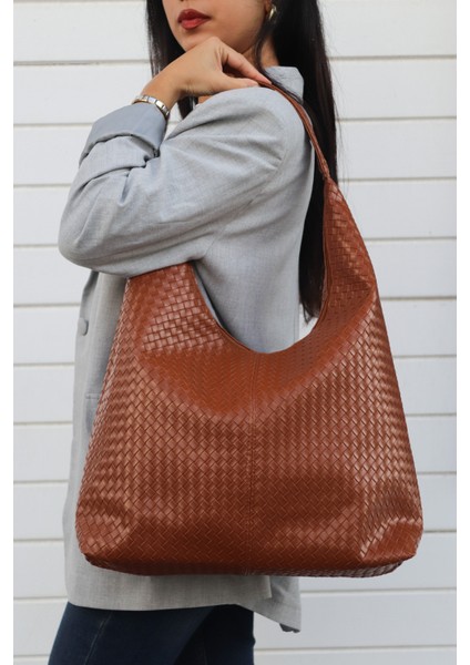 Hlin Kadın Büyük Boy Örgü Desenli Fermuarlı Shopper Omuz ve Kol Çantası modelleri