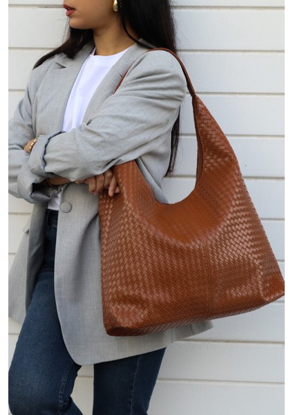 Hlin Kadın Büyük Boy Örgü Desenli Fermuarlı Shopper Omuz ve Kol Çantası