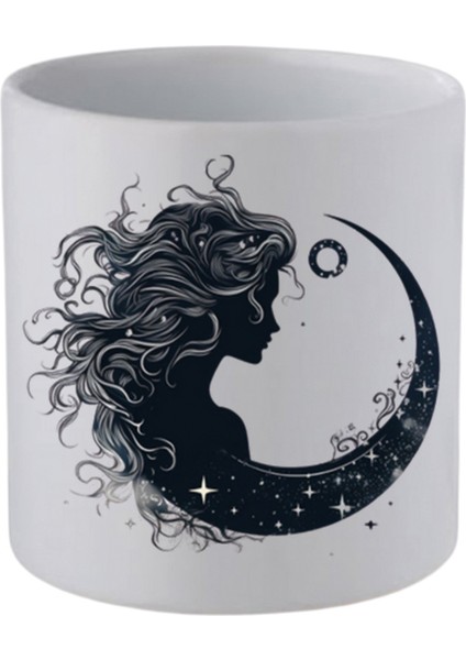 Kadın ve Ay Baskılı Kulpsuz Kupa Bardak - Hediye Kahve Kupası, Su Bardağı