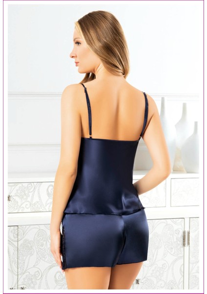 Miss Laris 3098 Lacivert Dantelli Ip Askılı Sexy Saten Şortlu Gecelik fiyatları