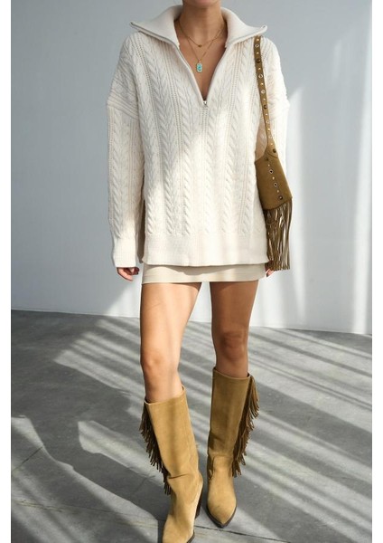 TK251066 Qustyle Saç Örgü Fermuarlı Kazak