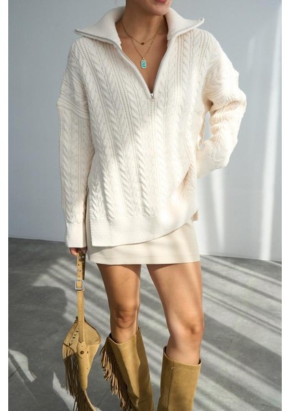 TK251066 Qustyle Saç Örgü Fermuarlı Kazak modelleri