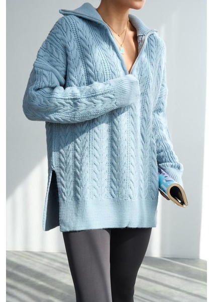 TK251066 Qustyle Saç Örgü Fermuarlı Kazak fiyatları