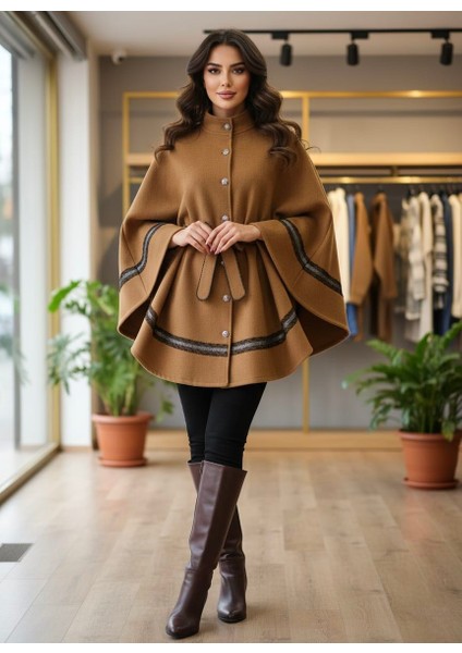 Kadın Camel Düğmeli Kuşaklı Panço Mont - Şık Yün Dokulu Cape Model