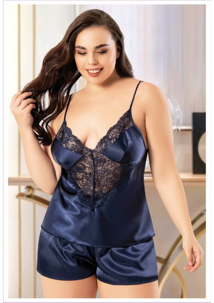 4229 Lacivert Büyük Beden Dantelli Ip Askılı Sexy Saten Şortlu Gecelik