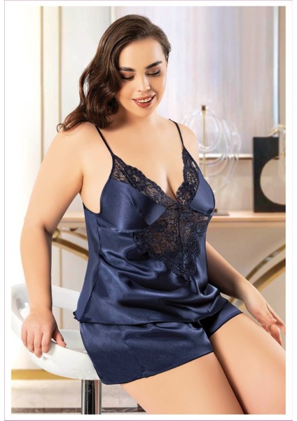 4229 Lacivert Büyük Beden Dantelli Ip Askılı Sexy Saten Şortlu Gecelik fiyatları
