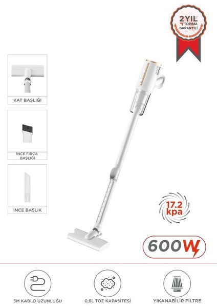Tvc-01 Beyaz Elektirikli Dikey Süpürge 600W Vakum Süpürge