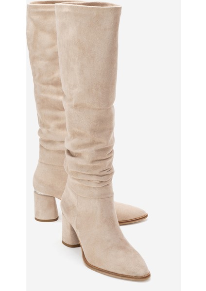 120 Bej Süet Körüklü Kadın Kalın Topuklu Çizme